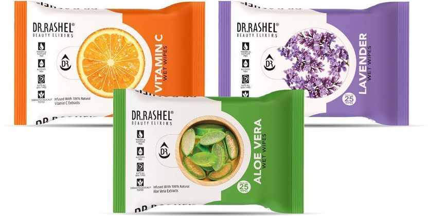 DR.RASHEL Face Wipes, Boosts Skin Oxygen, Clear Dirt, Remove Makeup, Gives Fresh and Glowing Skin. Vitamin C, Aloe Vera, Lavender Pack of 3.(75 Tissues)