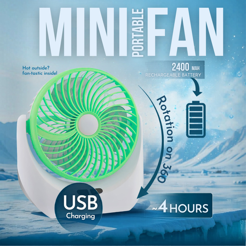 TECHOMANIA Portable Mini Fan USB Rechargeable 2400mAh Battery 360 Cooling Fan Desk AC with 1 Months Warranty BLDC Motor, Silent Operation, With LED Indicators, Ultra High Speed 1320 mm Table Fan(Green G | Pack of 1)