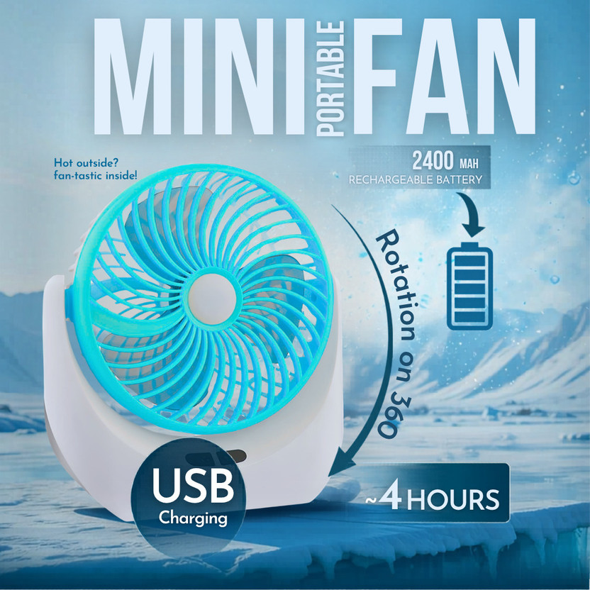 TECHOMANIA Portable Mini Fan USB Rechargeable 2400mAh Battery 360 Cooling Fan AC Desk with 1 Months Warranty BLDC Motor, Silent Operation, With LED Indicators, Ultra High Speed 1320 mm Table Fan(Blue B | Pack of 1)