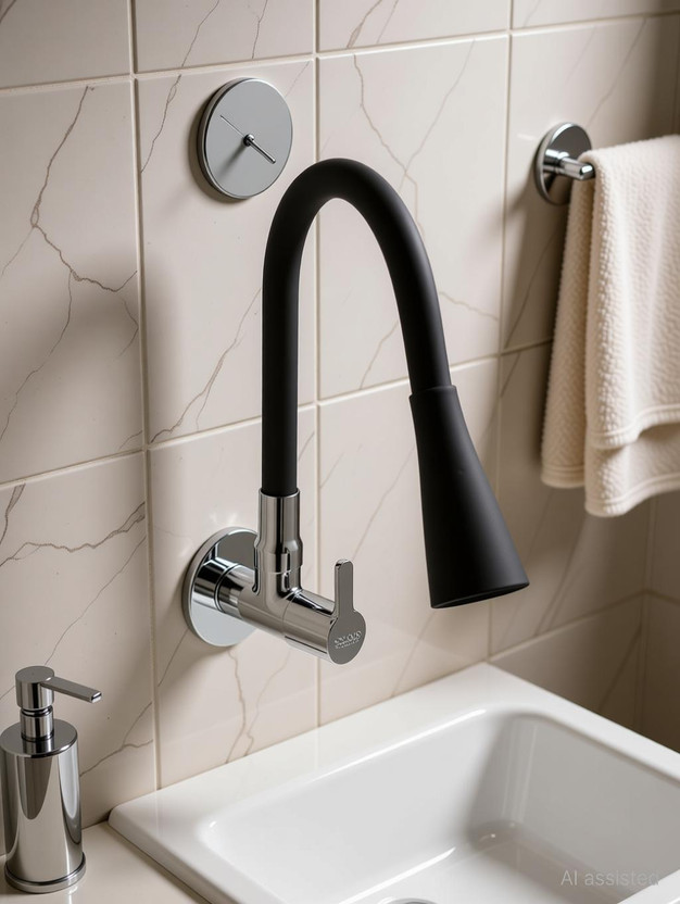 Spazio SmartBuy Fusion Sink Cock-Flxo Play With 360 Degree Flexible Black Silicon Swivel Spout & Dual Flow Pattern For Hot OR Cold Water With Wall Flange Sink Tap Faucet(Wall Mount Installation Type)
