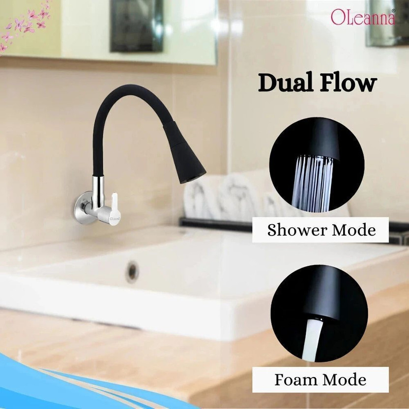 Oleanna ORANGE Flexo Flexible sink Cock Pillar Cock 360 Degree Black Matte Silicon Hose & Dual Flow Pattern Cold Water Tap Pillar Tap Faucet(Wall Mount Installation Type)