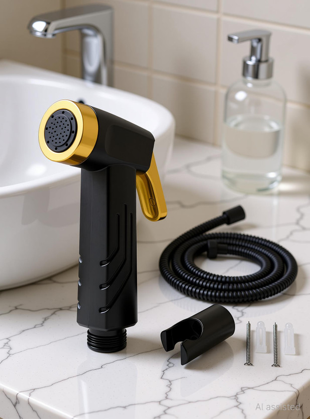 Kyari - Premium BLACK Health Faucet Jet Spray With Gold Button + Black Tube & Holder Health  Faucet(Wall Mount Installation Type)