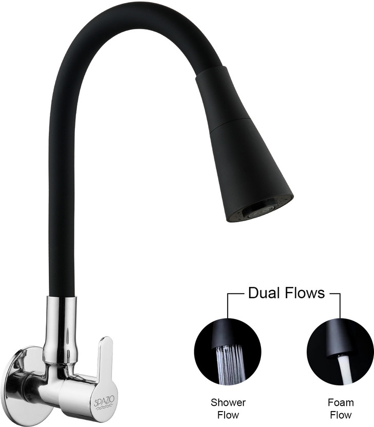 Spazio Fusion Brass Kitchen Sink Cock Tap/Sink Faucet With Black 360 Degree Flexible Silicon Swivel Spout & Dual Flow Pattern For Hot OR Cold Water With Wall Flange Pillar Tap Faucet(Wall Mount Installation Type)