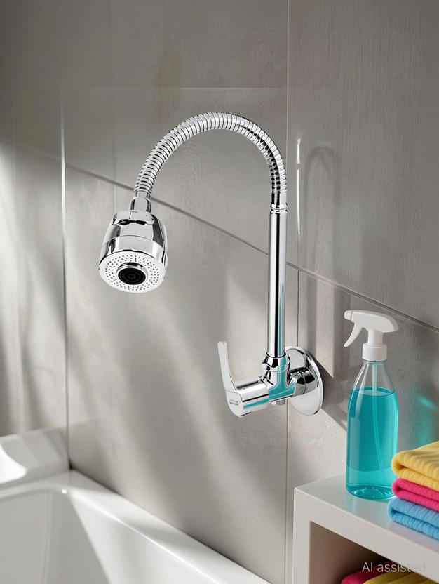 Spazio With 360 Degree Moving Hose, Dual Flow Type Hot/Cold Water Tap With Wall Flange Topaz Flex Sink Cock With Swivel Shower Spout - Flexo Play Bib Tap Faucet(Wall Mount Installation Type)