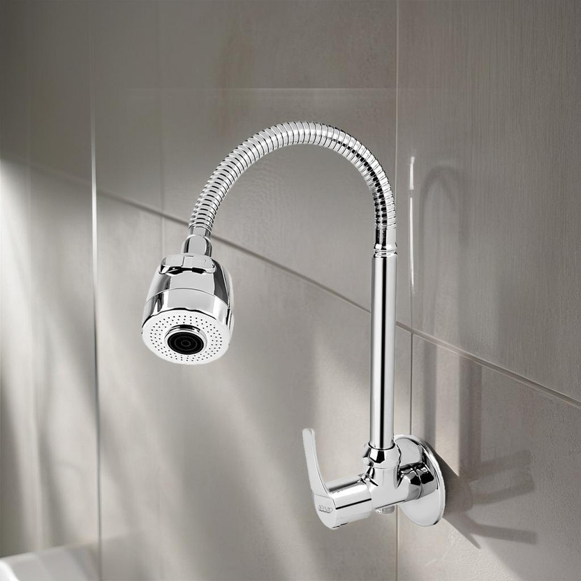 Spazio With 360 Degree Moving Hose, Dual Flow Type Hot/Cold Water Tap With Wall Flange Topaz Flex Sink Cock With Swivel Shower Spout - Flexo Play Bib Tap Faucet(Wall Mount Installation Type)