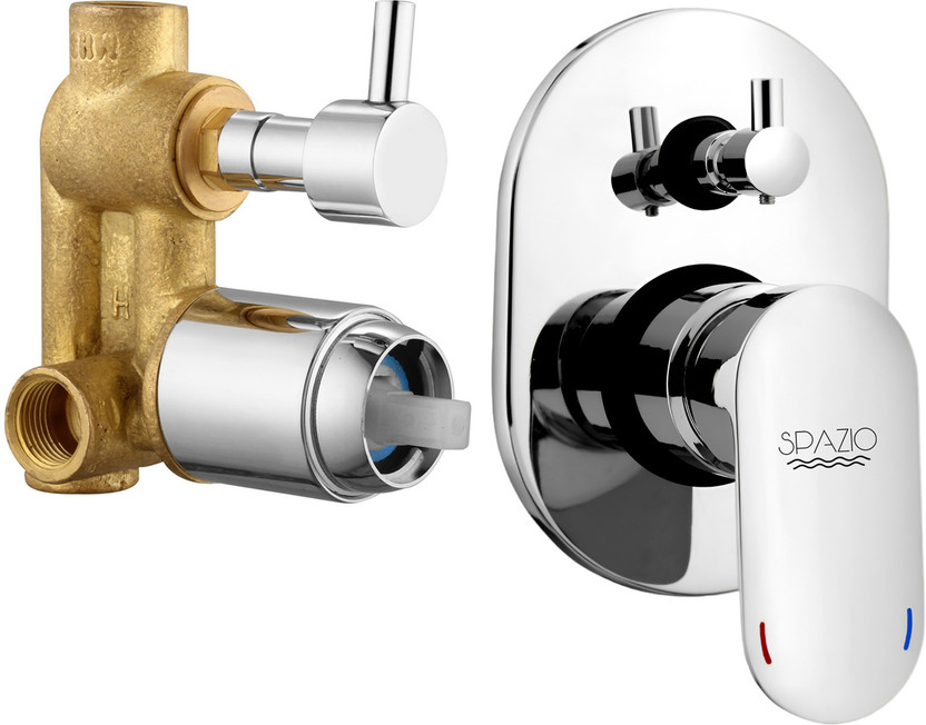 Spazio Opal Brass Single Lever 4 Way / 2 Inlet Concealed Body High Flow Diverter With Exposed Parts Kit Complete Set, Chrome Finish, For Bathroom/Bath & Shower System Diverter Faucet(Wall Mount Installation Type)
