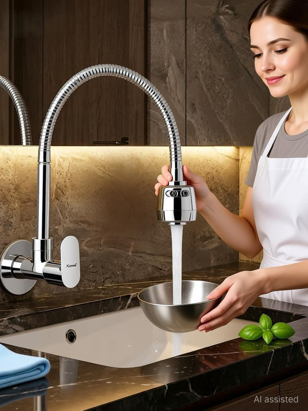 KAMAL Sink Spray Opal - Wall Mounted | SS 304 Flexible Spout 360 degree Dual Flow Brass Sink Cock kitchen tap Faucet Bib Tap Faucet(Wall Mount Installation Type)