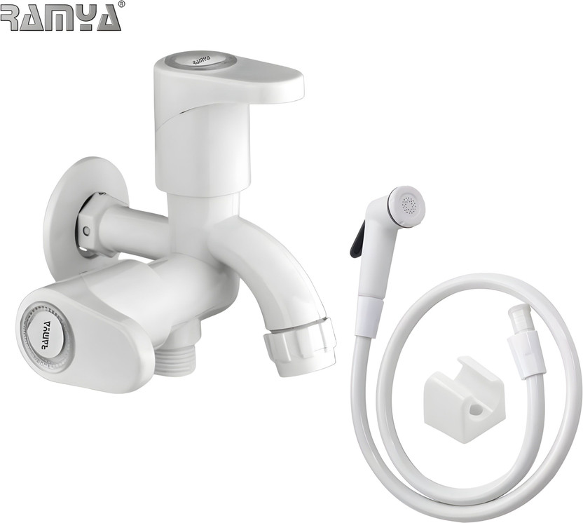 Ramya PTMT 2 IN 1 Bib Cock & Toilet Health Faucet (Heavy Plastic Tap) | Toilet Jet Spray & Bib Cock 2 Way| PTMT Faucet Premium Quality Twin Elbow Valve Faucet(Wall Mount Installation Type)