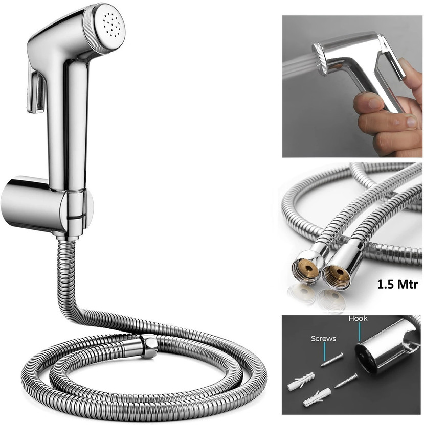KURIC ABS Health Faucet Set with SS-304 Grade 1.5 Meter Flexible Tube and Wall Hook Jet Spray for Toilet, Health Faucet Set, Toilet Bidet Sprayer, Faucet for Toilet Health  Faucet(Wall Mount Installation Type)