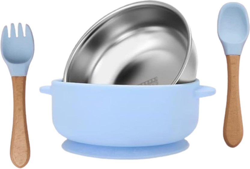 Renva Renva Silicone Suction Baby Bowls With Spoons and Forks for Baby Food Feeding  - Silicone(Blue) - Flipkart Deal