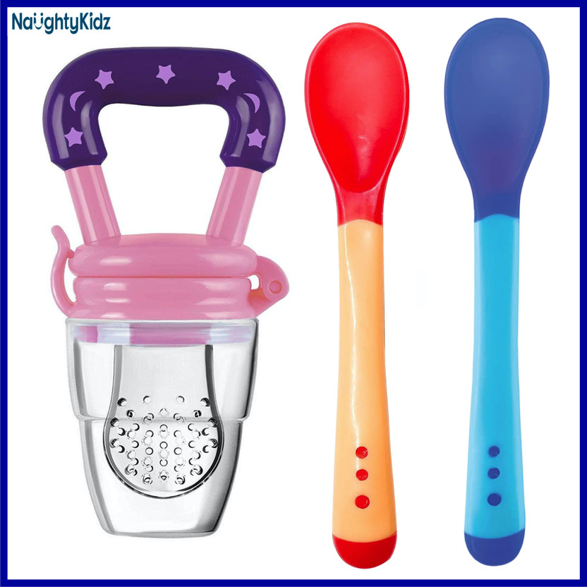 naughty kidz Combo of 2 Baby Feeding Spoon with 1 Food/Fruit Nibbler,For Baby, Infant  - Silicone(2 Spoon Blue and Red+1 Pink Nibbler)