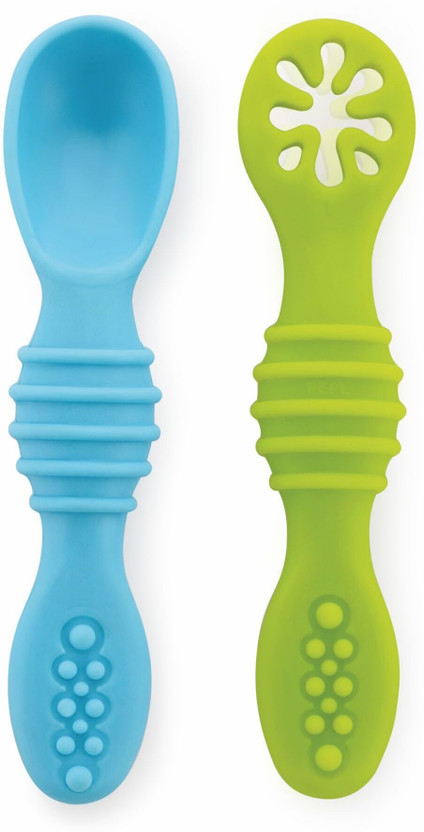 Beebaby Smushy Silicone Baby Self Feeding Spoon Set. Toddler Weaning Spoon. 100%BPA FREE  - 100% Food Grade Silicone(Blue_Green)