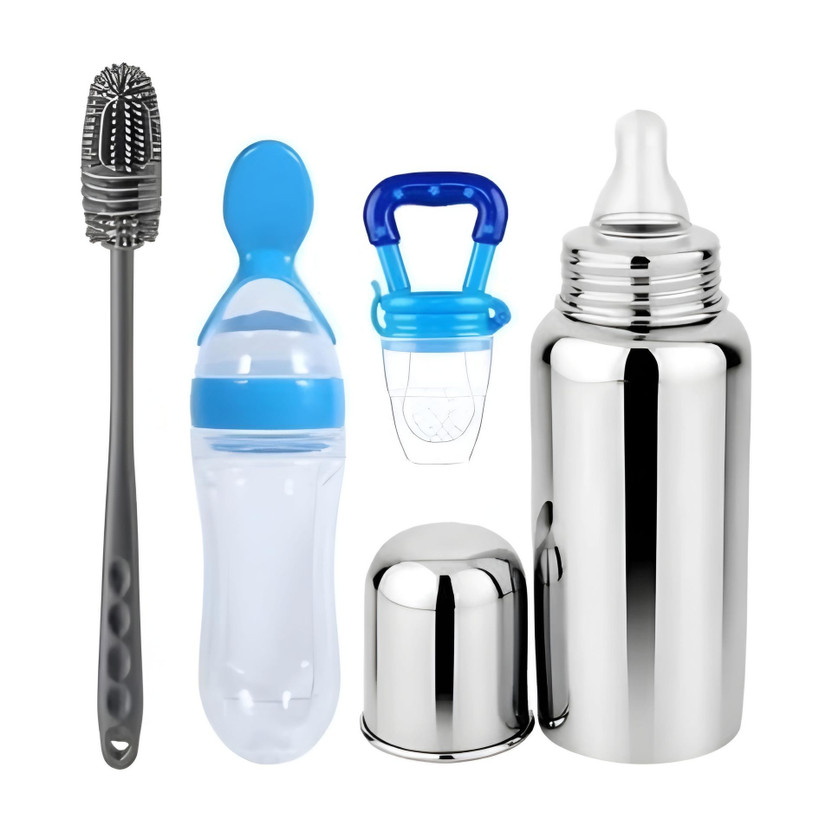 Nonababy Nonababy Baby Feeding Pack of 4 – Milk Bottle, Spoon Bottle, Nibbler & Cleaning Brush  - Stainless steel(Blue) - Flipkart Deal