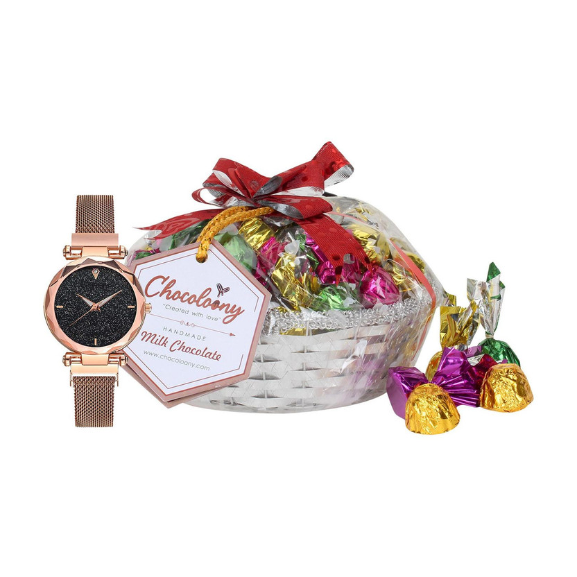 Chocoloony Chocolate Gift Pack Women Girls 30pcs Chocolate with Watch (180gm) Bamboo Gift Box(Gold)