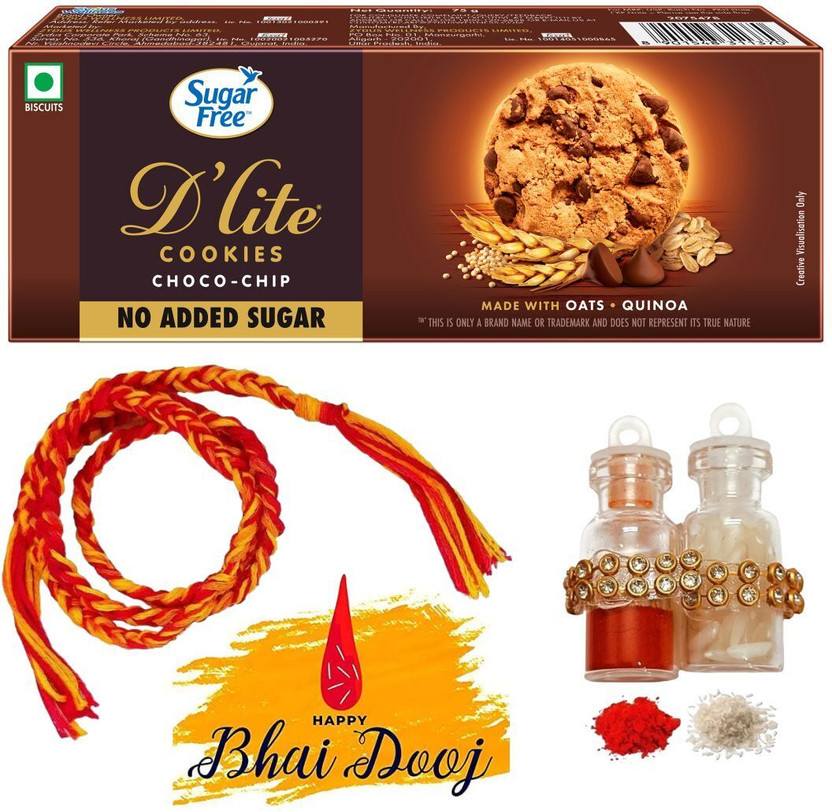 Popfusion Bhai Dooj Gift for Brother-Sugar Free Choco-Chip Cookies with Tikka Silk Thread Paper Gift Box(Yellow)