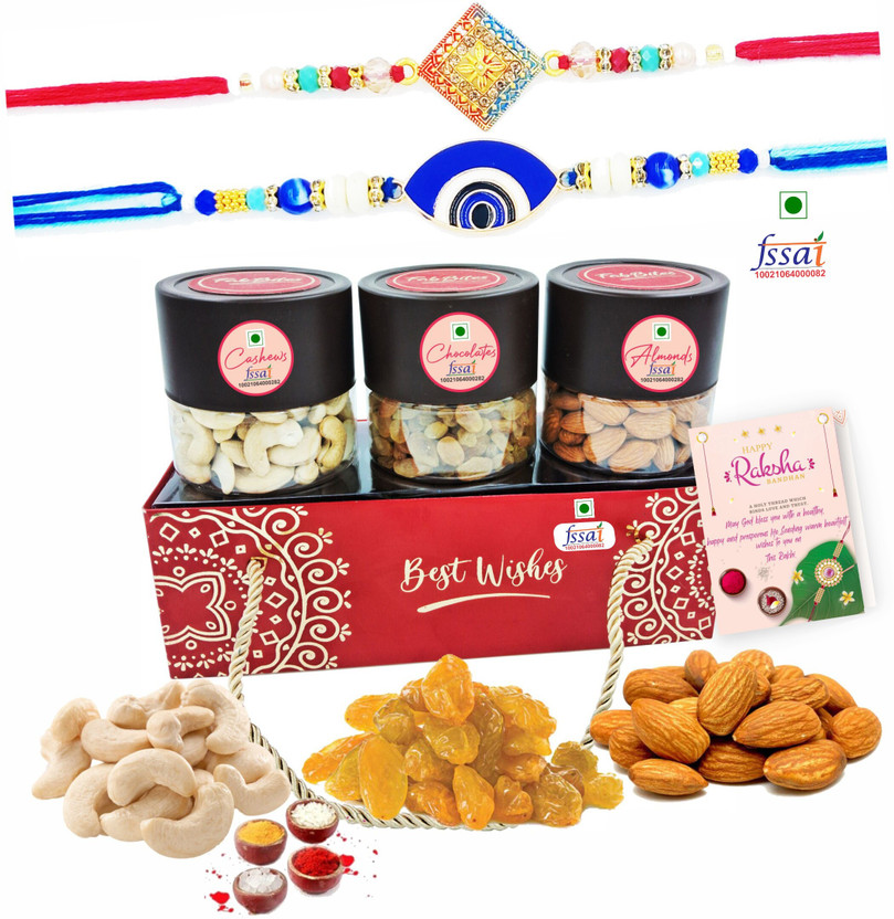 FabBites Evil Eye Rakhi for Brother with Dry Fruit Gift Hamper, Almond,Cashew,Raisin Gift Paper Gift Box(Red)