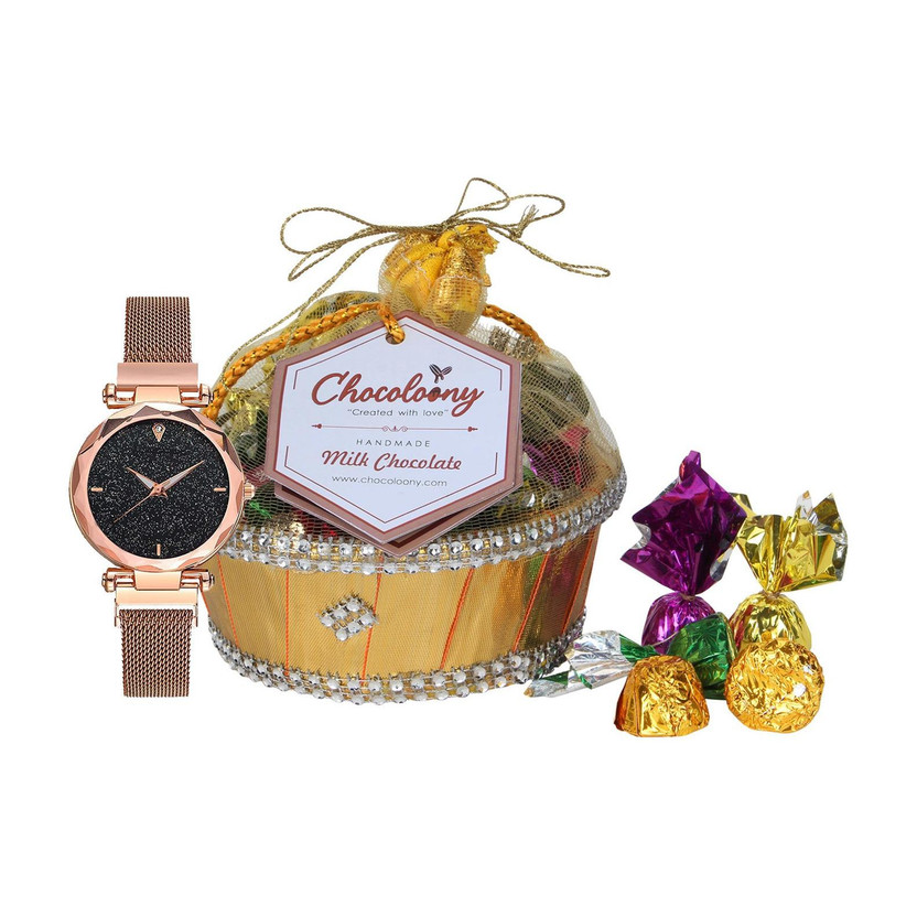 Chocoloony Chocolate Gift Pack Women Girls 20pcs Chocolate with Watch (120gm) Bamboo Gift Box(Gold)