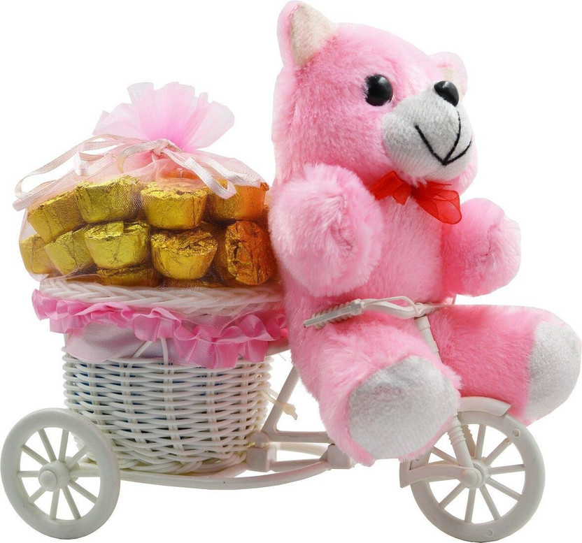 Midiron Special Gifts, Surprise Cycle Teddy with Chocolate for Wife, Girlfriend, fiancé On Valentine's Day, Birthday, Anniversary, Karwa Chauth and any special Occasion IZ19CyChocoPTPk-002 Silk, Plastic Gift Box(Pink, White)
