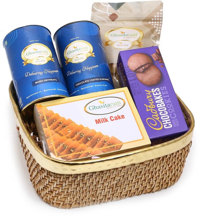 Jaiccha Diwali Cane Ratan Brass Basket of Assortments with Milk Cakes