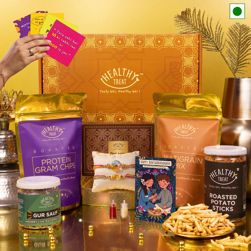 Healthy Treat Eternal Rakhi Gift Hamper |Roasted Snacks, A pair of Rakhi Roli Chawal, Sticker Assorted Gift Box(Orange)