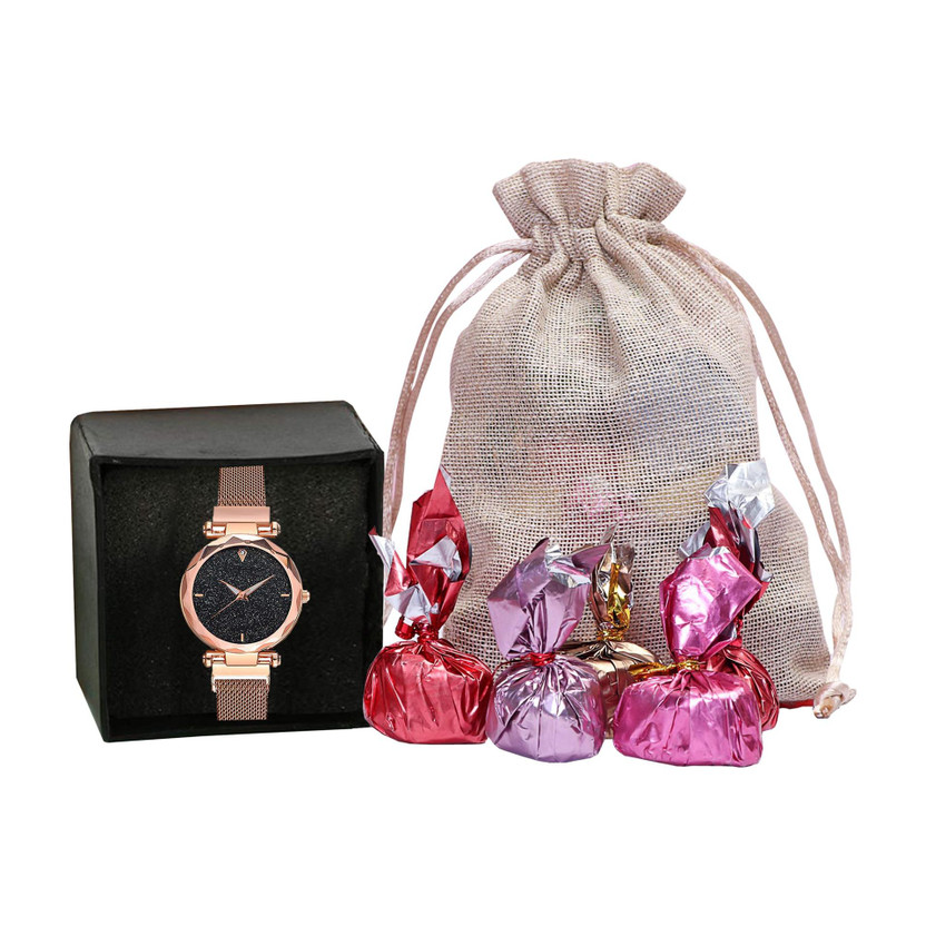 Chocoloony Chocoloony Chocolate Gift Potli with Relish Magnet Metal Belt Analog Watch, Best Sis Ever for Sister, Birthday Gift for Sister Jute Gift Box(White) - Flipkart Deal