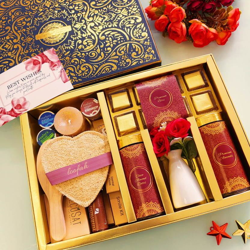 NutriSnacksBox Premium Womens Day Gift Hamper with Chocolates, Almonds & Spa Set Paper Gift Box(Gold)
