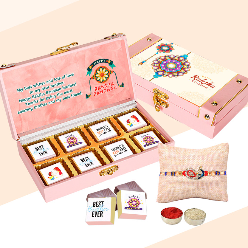Chocoloony Rakhi chocolate Gift Hamper 8 pcs Chocolate For Brother Fancy Rakhi Wooden Gift Box(Pink)