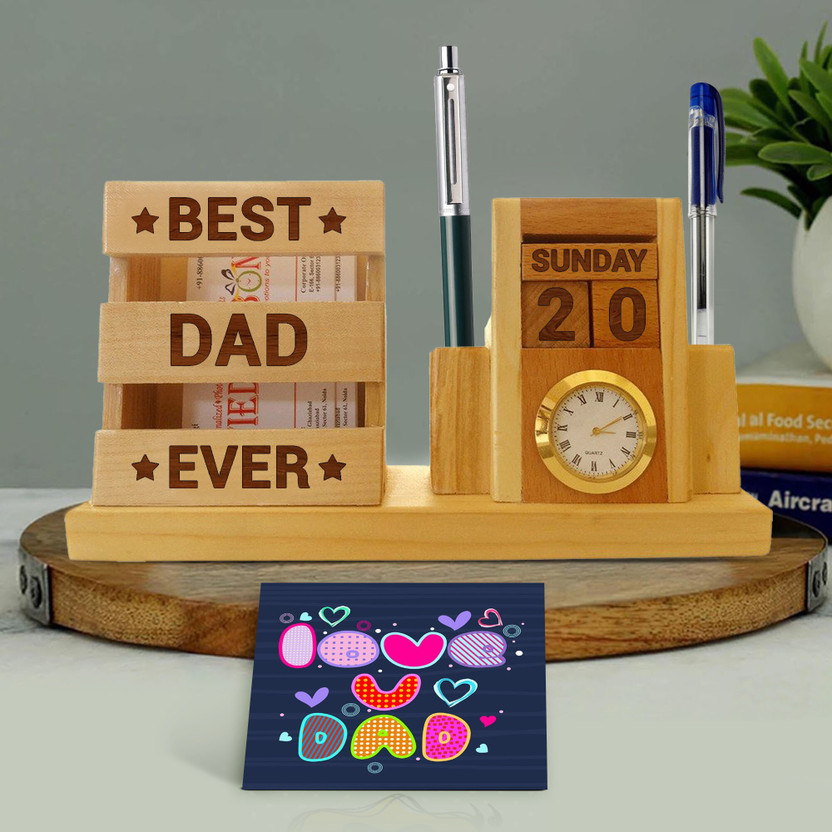 TIED RIBBONS Father's Day Gift for Dad from Daughter Printed Greeting Card and Engraved Wooden Pen Stand with Clock and Calendar Wooden Gift Box(Multicolor)