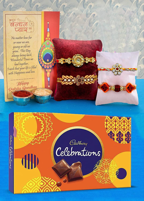 Flipkart SmartBuy Rakhi Set of 4 for Brother with Cadbury Chocolate Combo Gift Hamper for Rakshabandhan, Rakhi for Brother Gift, Multicolor Cotton Gift Box(Multicolor)