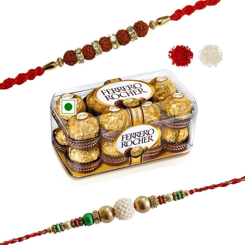FERRERO ROCHER Rakhi Gift Hamper with Rudraksha & Pearl Rakhi Set, Ferre'ro Rocher 16pcs Assorted Gift Box(Multicolor)