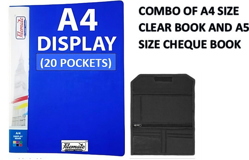 FileMate A4 size Display Book File(20 pockets) and A5 size cheque book cover A4 size clear book (20 transparent inner pockets)(Size: 12.25 X 9.25 inch) / Display File / Leaf File (Set Of 1, Blue) and 1 piece of A5 size chequebook cover (black colour)(Set Of 1, Blue, Black)