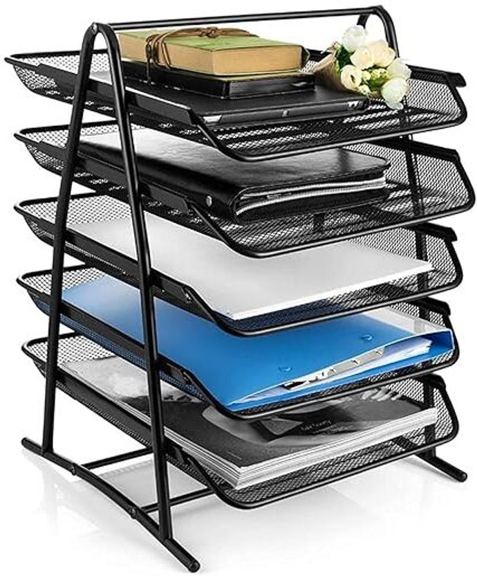 SkyFurnish Metal Mesh (Powder-Coated Steel) Metal Mesh 5 Tier File Organizer Rack | Multi-Layer Desk Document Tray | Office & Home(Set Of 1, Black)