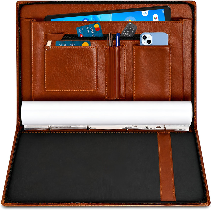 ACCIVA PU Leather 4 Rings A4 Documents File Folder, Professional Certificate Holder with 20 Leaves | Executive Portfolio for Office(Set Of 1, Tan)