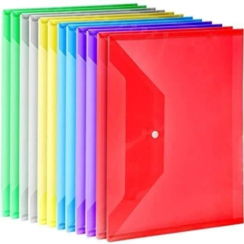 CAMPIO Plastic Transparent Document Folder - Side Opening Colored Poly-Plastic File Storage Bag(Set Of 20, Multicolor)