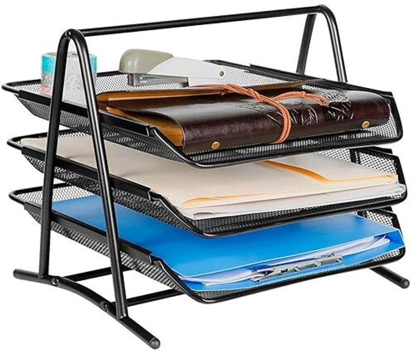 SkyFurnish Metal Mesh (Powder-Coated Steel) Premium Metal Mesh 3 Tier File Holder | Multi-Layer Document Organizer Rack for Office & Home Use(Set Of 1, Black)