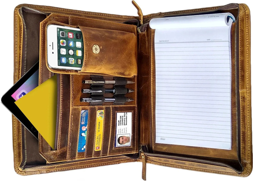 Rustic Town Leather zippered Business Portfolio for Men & Women(Set Of 1, Brown)