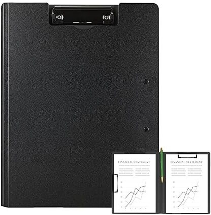 DUANT Polypropylene Double Metal Clips, 360 Degree Foldable Binder Clipboard with Pen Holder, File Cover Work Folder Clipboards,(Set Of 1, Black)