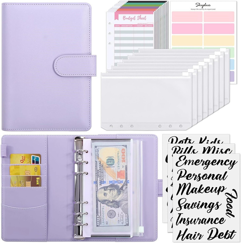 REMICH PU Leather A6 Binder Budget Notebook Binder || 12pcs A6 Pocket Loose Leaf Bags 6 Ring Cash Envelopes System || Money Saving Challenge Book with Budget Sheet || ring Binder Clip Stationery Supplies(Set Of 1, Purple)