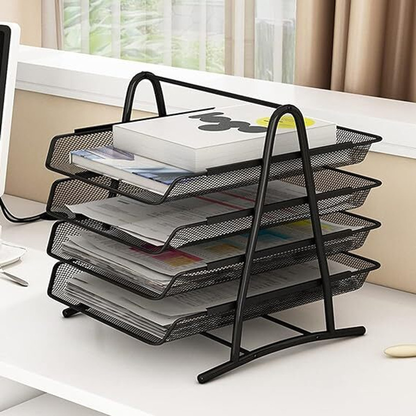SkyFurnish Metal Mesh (Powder-Coated Steel) 4 Tier Metal Mesh File Organizer Rack | Multi-Layer Document Tray | Office Desk File Holder for Home & Workspace(Set Of 1, Black)