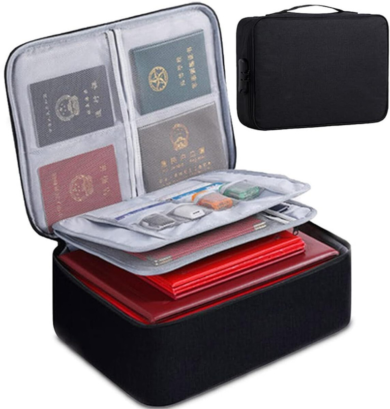 TNKE Polyester Large Capacity Travel Document Organizer 3 layer Bag with A4 File ,Visa, ID, Cards, USB, Certificates & Tickets, Storage Case with RFID Protection & safety lock(Set Of 1, Black)