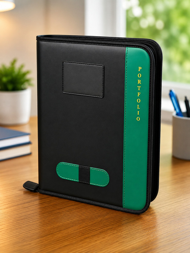 EXECORA Premium PU Leather (Synthetic Leather) with durable lining and metal zipper : Portfolio File Folder / Document Organizer Folder(Set Of 1, Black,Green)