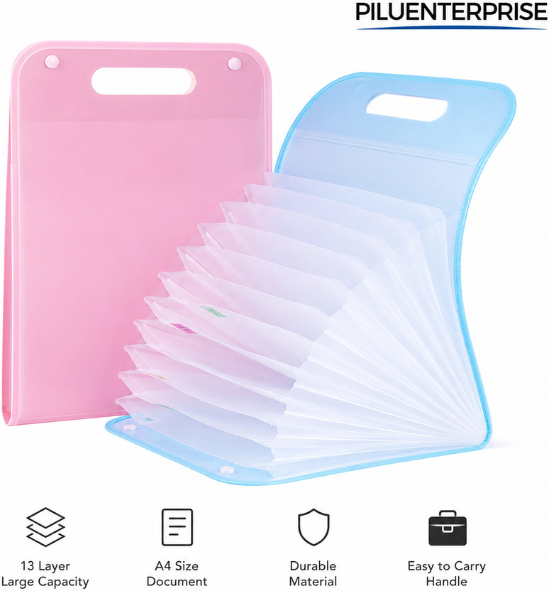PILUENTERPRISE PILUENTERPRISE Plastic Multi-Layer 13 Pocket A4 File Folder – Expandable Document Organizer with Handle(Set Of 2, Multicolor) - Flipkart Deal