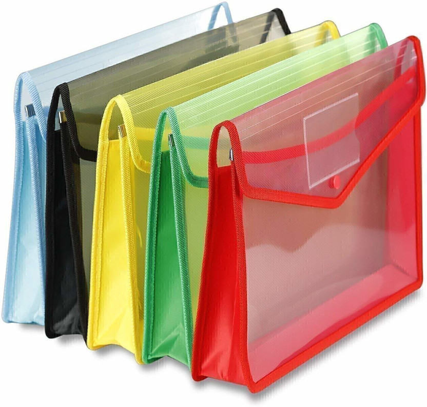 KATARIA Plastic Envelope Folder,Transparent Poly-Plastic A4 Documents File Storage Bag With Snap Button Set Of 5/Certificate File Holder/Document Folder For Certificates A4 Size/Legal/Brief Bag For Document(Set Of 5, Blue Black Yellow Green Red)