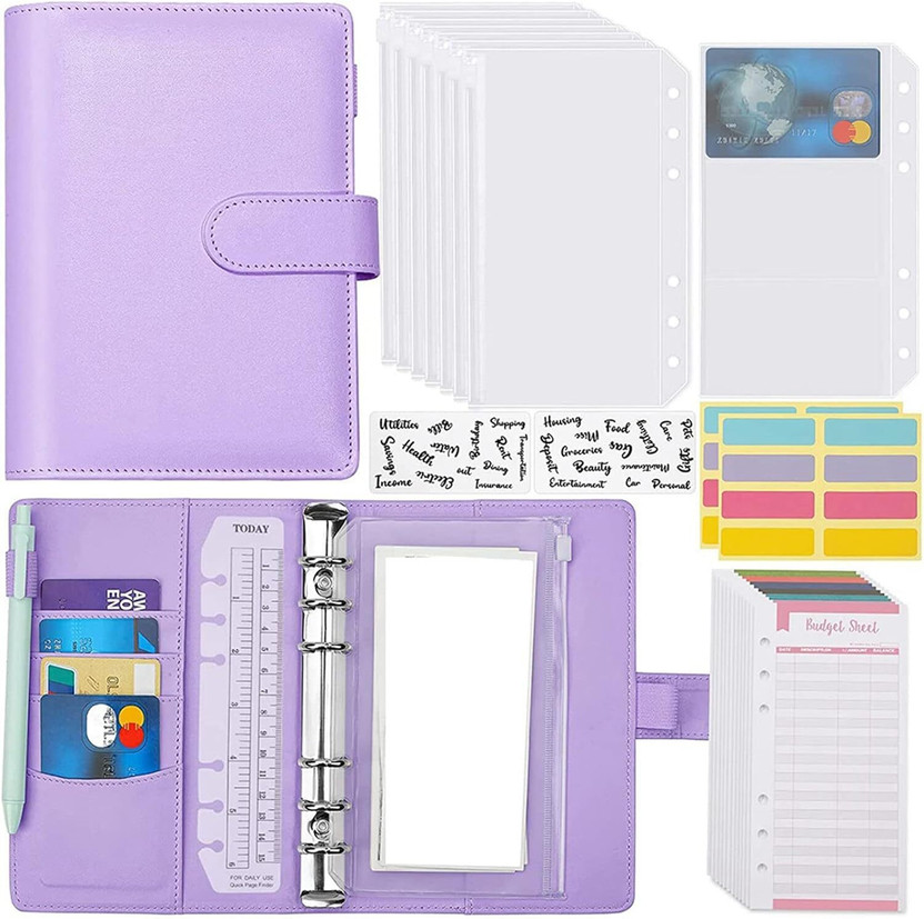 TRIVYOM PU Leather A6 Binder Pockets Notebook Binder Cover Refillable – Budget Planner Organizer with Cash Envelopes, Ideal for Tracking, Organizing Finances– Ring Binder Clip Stationery Supplies(Set Of 1, Purple)