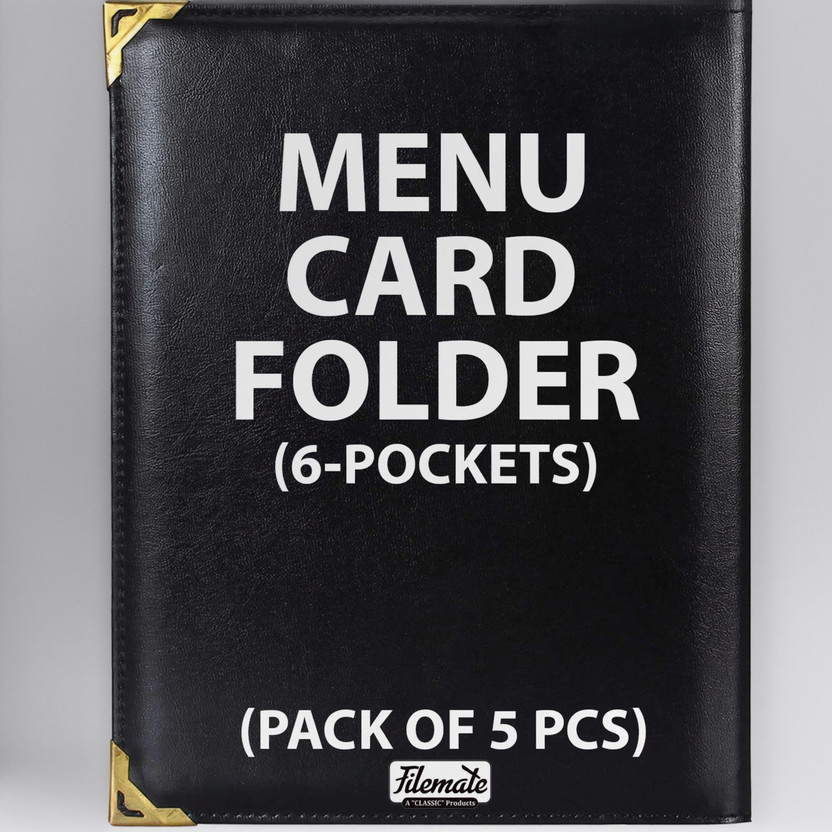 FileMate Menu Card Folder(6-Pockets)(Pack of 5 pcs) / Holder for Restaurants or Hotels(A4 Size: 12.25 X 10 inch)(Set Of 5, Black)