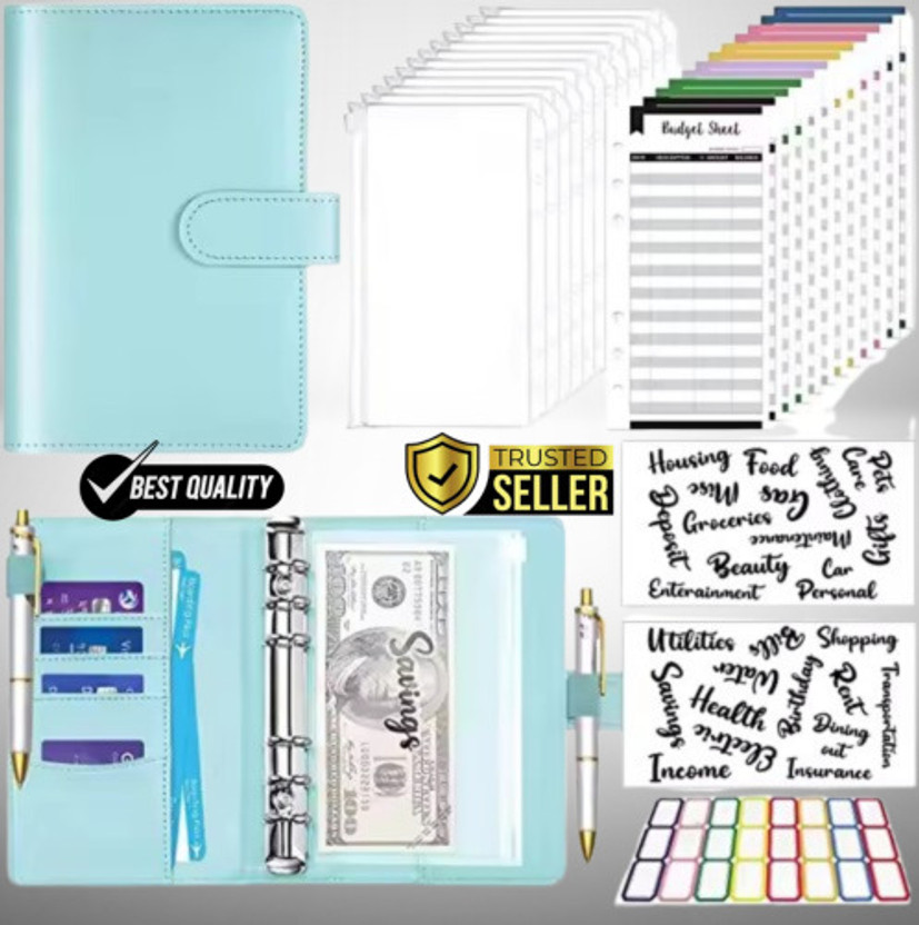 Vinskep Faux Leather Cash Envelope Budgeting System Binder, Premium PU Leather File Folder Notebook(Set Of 1, Sky Blue)