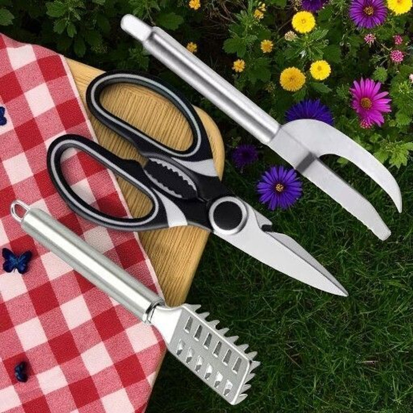 INDIEPREMIOR Perfect 3 pcs Fish Scissor , Scale and Maw Knife Combo For Kitchen Fish Scaler(Pack of 3)