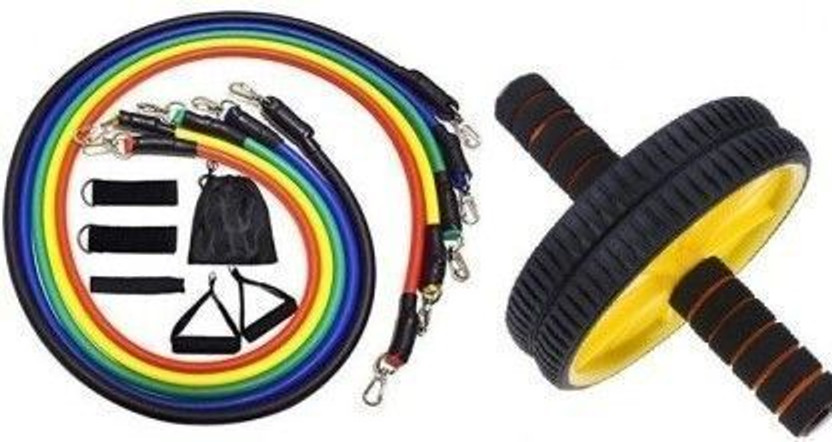 GJSHOP Toning Tube Set of 5 with Ab Roller Full Work Fitness Kit (Color May Vary) Fitness Band(Multicolor, Pack of 12)