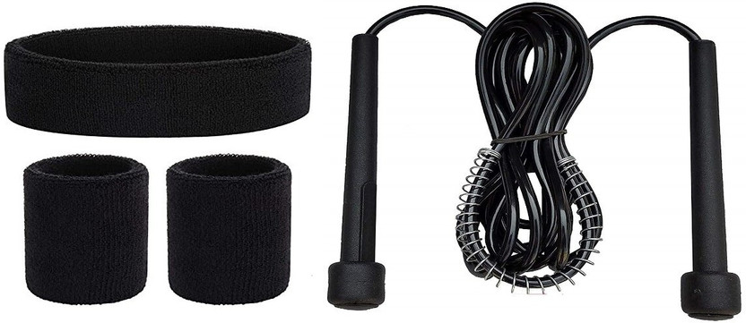 HK Sports Towel Head Band & 2 Wrist Band || Sweat Band || Sports Band || Skipping Rope || Fitness Band(Black, Pack of 4)