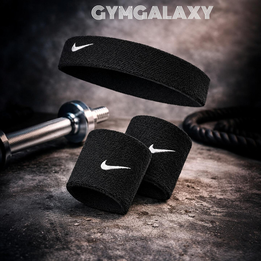 GYMGALAXY Premium Sweat Absorbent Headband & Wristband Set (Unisex, Sports & Gym Use) Fitness Band(Black, Pack of 1)